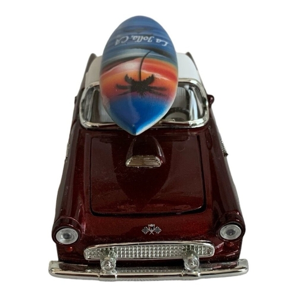 1955 Ford Thunderbird Burgundy Red Die-Cast Model with La Jolla Surfboard Rare - Picture 2 of 5